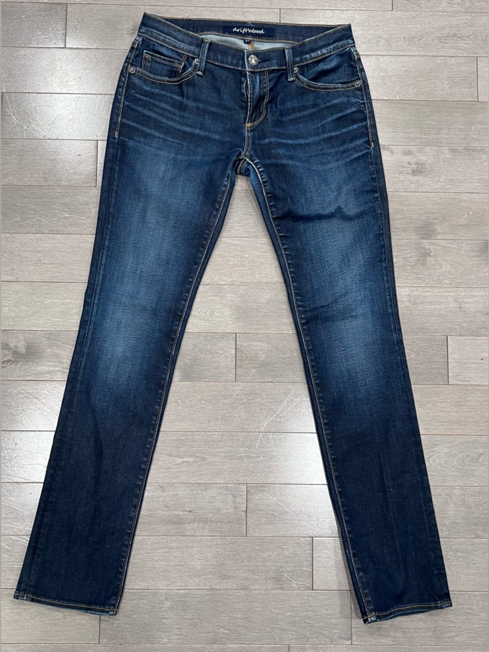 Driftwood Low Rise Jeans Dark Wash Bootcut Flare, Gold Stitch Denim, Size 27